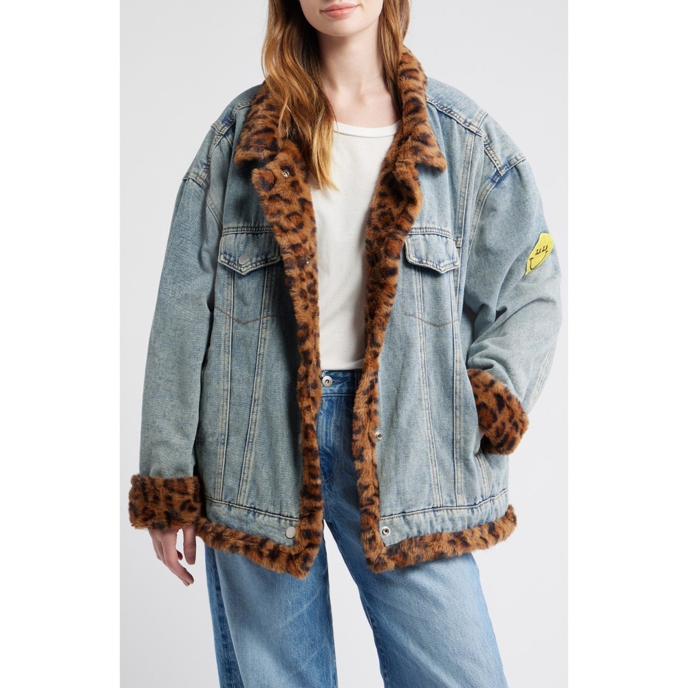 Dressed In Lala Forever Denim Jacket Faux Fur Trim Oversized Sz Small/Medium